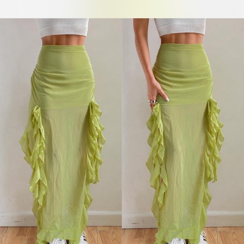 Lioness Lime Chiffon Maxi Skirt with Asymmetrical Hem, Ruching, and Ruffles - Picture 4 of 9